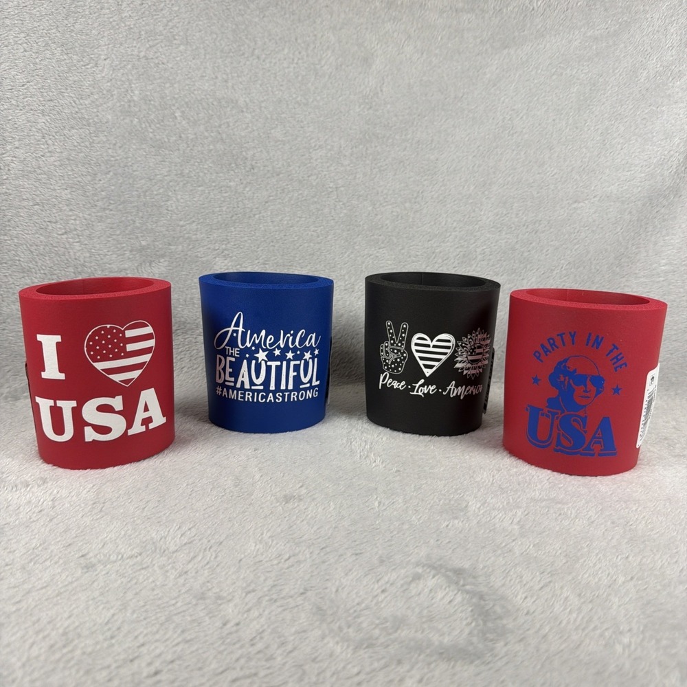 Patriotic USA Can Coolers Set of 4 Foam Koozies America 250th Birthday 2026